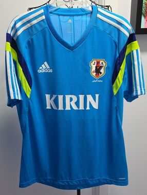 adidas Japan Blue Football Jersey with White and Neon Yellow Accents